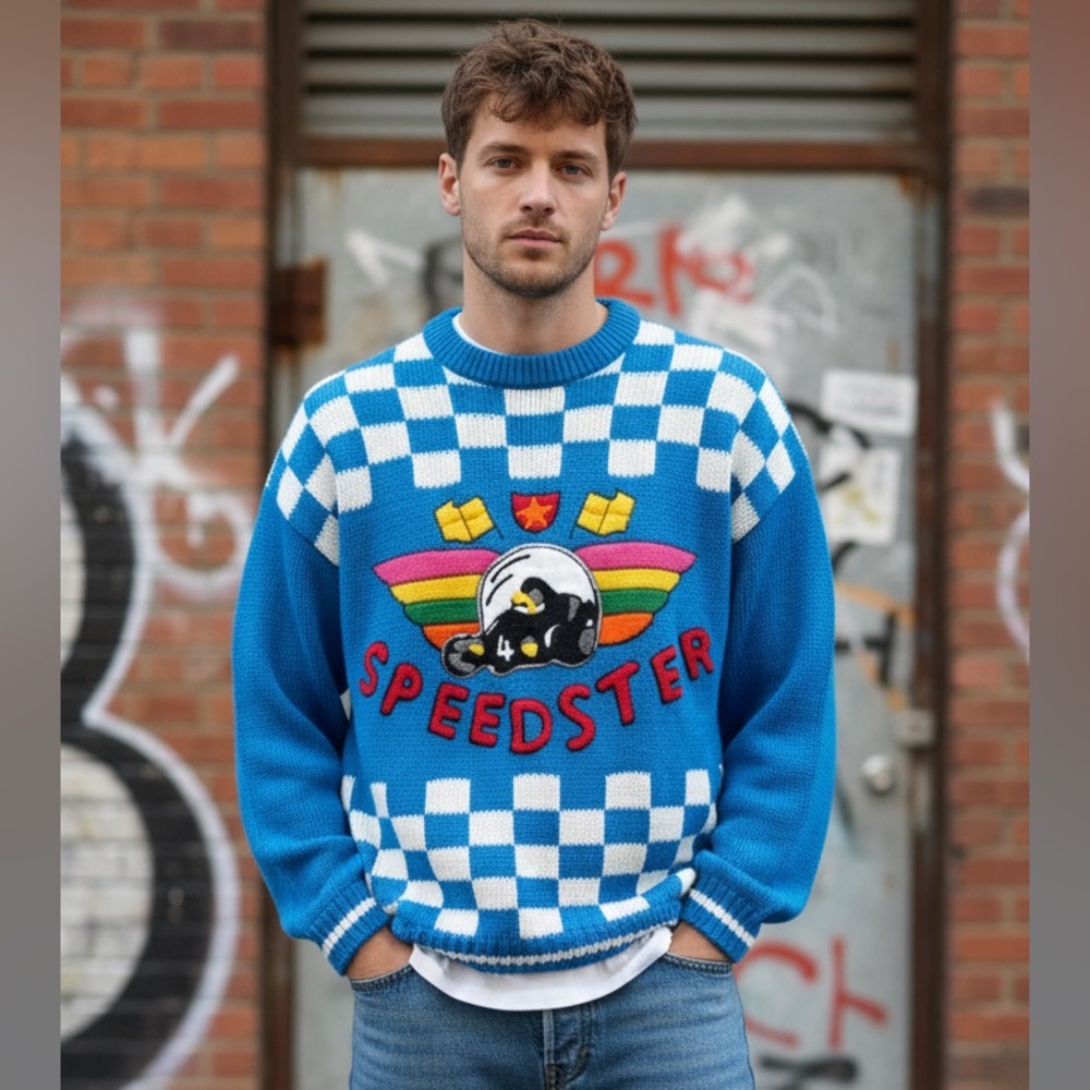 Vintage 1980s‎ Gitano Knit Checkered Speed Racer Wings Flags Speedster Sweater